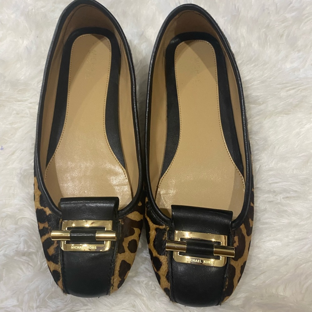 Michael Kors Leopard Print Leather & Calf Hair Ballet Flats - Black/Tan